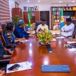 The Minister of Water Resources and Sanitation, Prof. Joseph Utsev and the newly appointed Country Representative of the Food and Agriculture Organisation to Nigeria, Dr. Gudain Hussein, with his delegation, during courtesy visit in Abuja