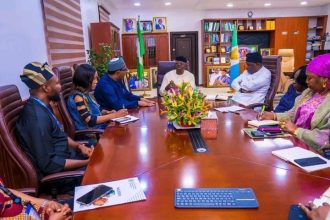 The Minister of Water Resources and Sanitation, Prof. Joseph Utsev and the newly appointed Country Representative of the Food and Agriculture Organisation to Nigeria, Dr. Gudain Hussein, with his delegation, during courtesy visit in Abuja